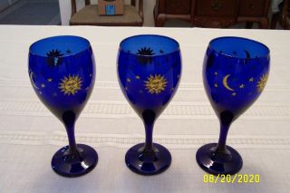 Set Of 3 Libbey Cobalt Blue Celestial Wine Glasses Goblets Sun Moon Stars Libby