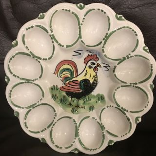 Vintage Italy Hand Painted Rooster Chicken Deviled Egg Plate Serving Platter
