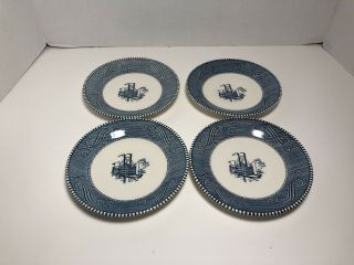 Vintage Royal China Currier And Ives Steamboat Saucer Set Of 4 Plates - Blue