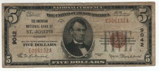 1929 $5 American National Banknote St.  Joseph Missouri Circulated Fine/very Fine