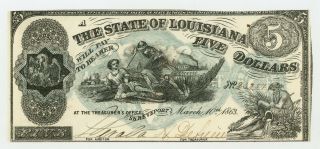 1863 Cr.  14 $5 State Of Louisiana " South Strikes Down Union " Note