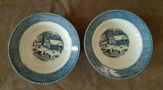 (2) Currier Ives Blue 6 1/4 " Cereal Bowl " The Schoolhouse In Winter " Unmarked