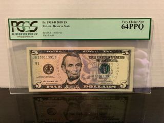 2009 $5 Federal Reserve Note York Repeater Jb13911391b Pcgs 64ppq