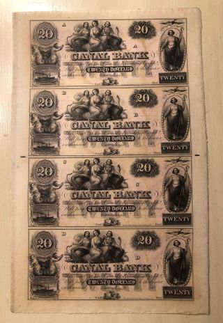 Complete Sheet Of Confederate $20 Bills From Canal Bank Of Orleans Unc