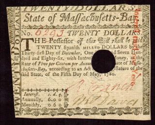 1780 $20 ( (massachusetts Colonial Currency))  Twenty Dollars Uncirculated