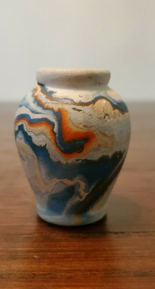 Vintage Nemadji Pottery Usa Native Clay Small 2 " Vase Multi - Color Blue Orange