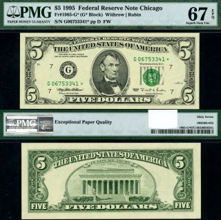 Fr.  1985 G $5 1995 Federal Reserve Note Chicago G - Block Gem Pmg Cu67 E