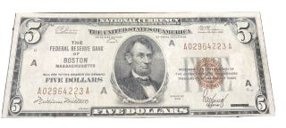 1929 Five Dollar $5 National Currency Bank Note Boston X/f,  - A/u