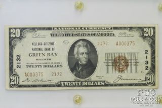 1929 $20 National Currency Bank of Green Bay A000375 in currency Holder 19858 2