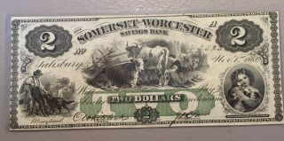 1862 Salisbury,  Maryland - Somerset And Worcester Savings Bank $2 Civil War Era