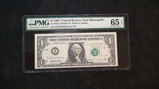 1995 One Dollar Pmg Gem Unc 65 Epq Great Serial Number Minneapolis Note $1 Bill