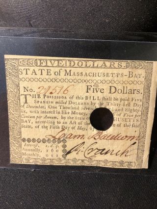 Massachusetts Colonial Currency May 5 1780 Five Dollars