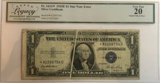 Fr.  1614 1935e $1 Star Note Error Silver Certificate Gutter Fold Graded 20