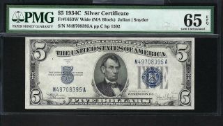 1934 C Fr 1653 W $5 Silver Certificate Pmg Cu 65 Epq