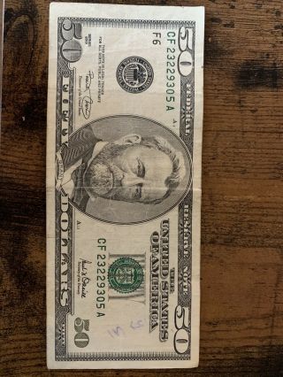 2001 $50 Dollar Bill Note Off Center Error Circulated U.  S.