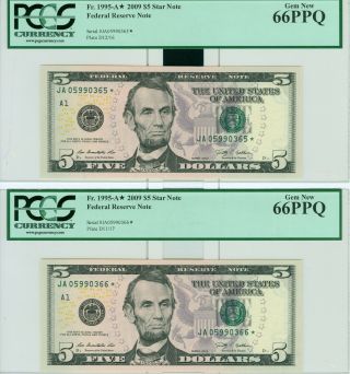 1995 - A $5 Star Notes Pcgs 66ppq Gem 2 Consecutive Notes 1 Note Per Order
