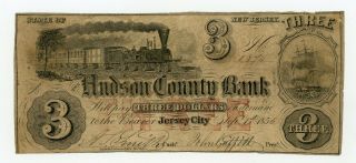 1856 $3 The Hudson County Bank - Jersey City Jersey (spurious) Note W/ Train