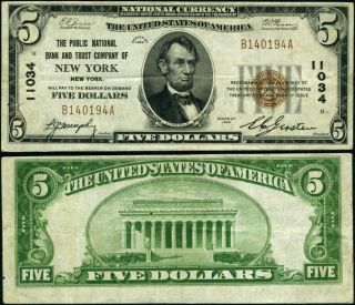 York Ny - $5 1929 T - 1 National Bank Note Ch 11034 Public Nb & Tc Vf,