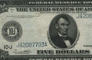 1914 $5 FEDERAL RESERVE NOTE KANSAS CITY FR.  883A CHOICE VERY FINE (793A) 3