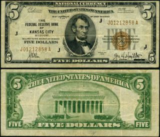 Fr.  1850 J $5 1929 Federal Reserve Bank Note Kansas City J - A Block Fine,