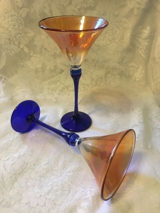 2 Rick Strini Martini Glasses Cobalt Blue Stems & Iridescent Orange Well Perfect