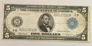 1914 Series Blue Seal Large Size $5 Dollar Federal Reserve Note Fr 850 Vg - F
