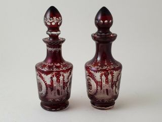 Pair Ruby Red Cut To Clear Bohemian Crystal Stag & Castle Cruet Exquisite