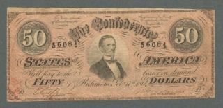 1864 Us $50 Fifty Dollars The Confederate States Of America Note / Bill - S349