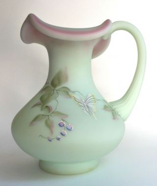 Fenton Lotus Mist Green Burmese Pitcher " Butterfly And Berry " Le 95 Anniversary