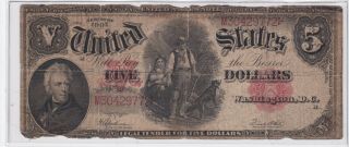 1907 United States Of America $5 Woodchopper Red Seal Legal Tender Large Note