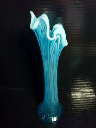 Vintage Northwood Blue Opalescent Ruffle Top Stretch Vase 3