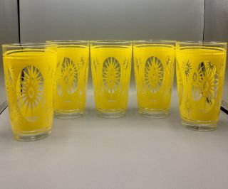 Vtg Set Of 5 Yellow Starburst Hazel Atlas Large Drinking Glasses