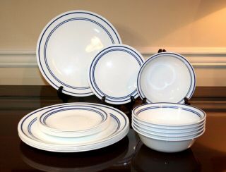 18 Piece Set Corelle Classic Cafe Blue Rings Dinner Bread Butter Plates Bowls