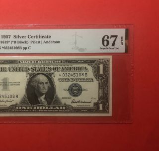 1957 - $1 Silver Certificate Star Note,  Graded By Pmg Gem Unc 67 Epq.