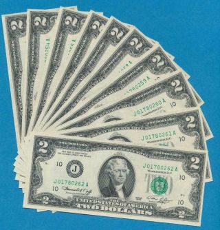 10 - $2.  00 1976 Kansas City Consecutive Federal Reserve Notes Choice