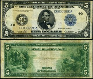 Fr.  859 C $5 1914 Federal Reserve Note Cleveland Vf - Discoloration