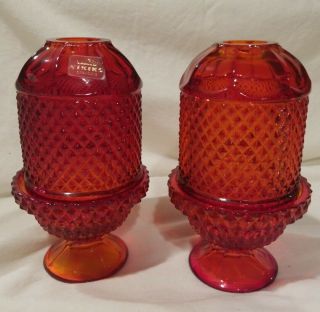 Pair Viking Glass Diamond Point Ruby Red Fairy Lamp Light Candleholder W/ Label