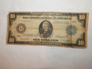 1913 Usa Federal Reserve Note 10 Dollar Bill 100