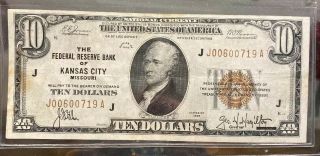 $10 1929 Federal Reserve Bank Note Kansas City,  Missouri,  J - A Block,  Fr 1860