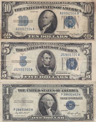 1935 $1 - 1934 $5 - 1934 $10 Ten Dollar Silver Certificate Blue Seal Circulated