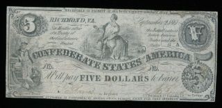 1861 Civil War $5 The Confederate States Of America Richmond Virginia Us Note