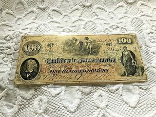 1862 $100 Confederate States Currency Civil War Note - Great Back Stamps F/vf