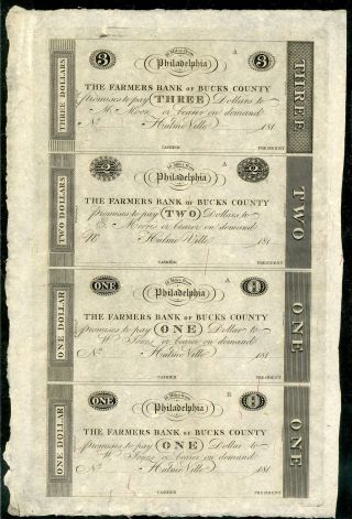 Us Paper Money 1810s Uncut Sheet Farmers Bank Of Bucks County Pa 3 - 2 - 1 - 1