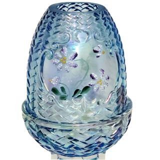 Fenton Art Glass Blue Iridescent Fairy Lamp Hand Painted Flowers Artist Signed