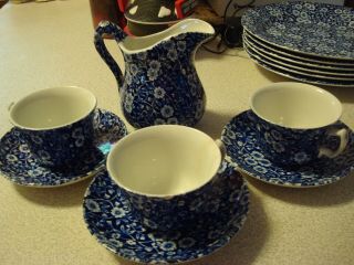 Crownford Staffordshire England Blue Calico Cream Pitcher & 3 Cups & Saucer