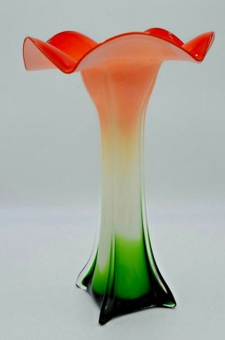 Art Glass Vase - Hand Blown - Green White Into Orange - Fluted Edges - 14 1/2 "