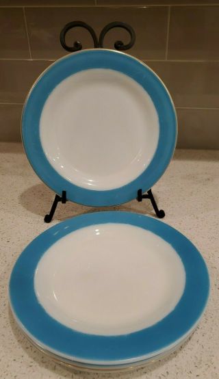 4 Pyrex Milk Glass Plate With Turquoise Blue And Gold Trim Dinner Plate 10 "