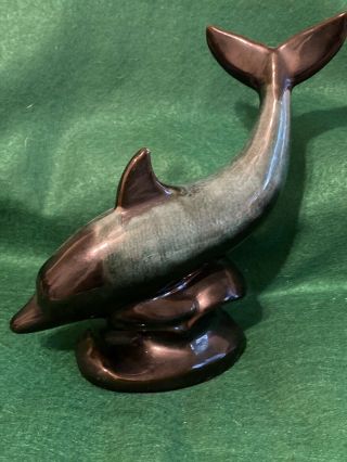 Vtg Blue Mountain Pottery Dolphin Green/black Glazefigurine Statue 8x10” Look