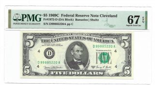 1969c $5 Cleveland Frn,  Pmg Gem Uncirculated 67 Epq Banknote