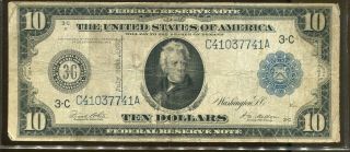 Us Paper Money 1914 $10 Large Size Federal Reserve Note Philadelphia Q118